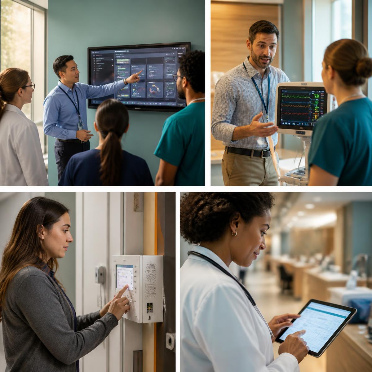 Healthtech professionals training staff on clinical software, demonstrating patient monitoring equipment, configuring a nurse call system, and documenting in a healthcare application